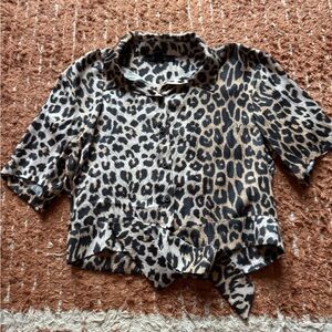 All Saints Leopard Print Button-Up silk crop top Blouse